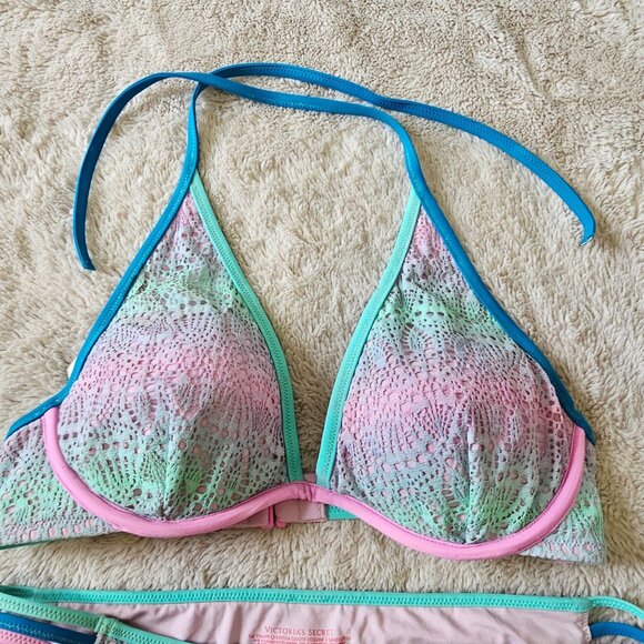 Victorias Secret Mermaid Ombre Pastel Lace Triangle Bikini Set Multicolor 34D M - Picture 3 of 11